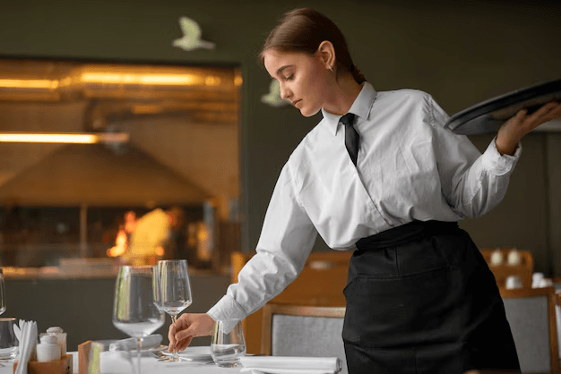 Server plating a table at a fine-dining restaurant